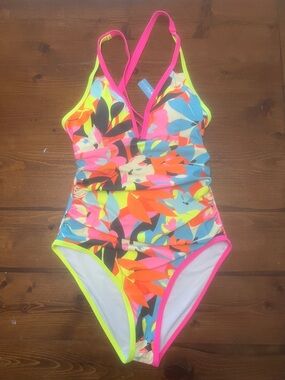 Bright Neon Floral V-Neck One-Piece Swimsuit - Pink & Neon Yellow